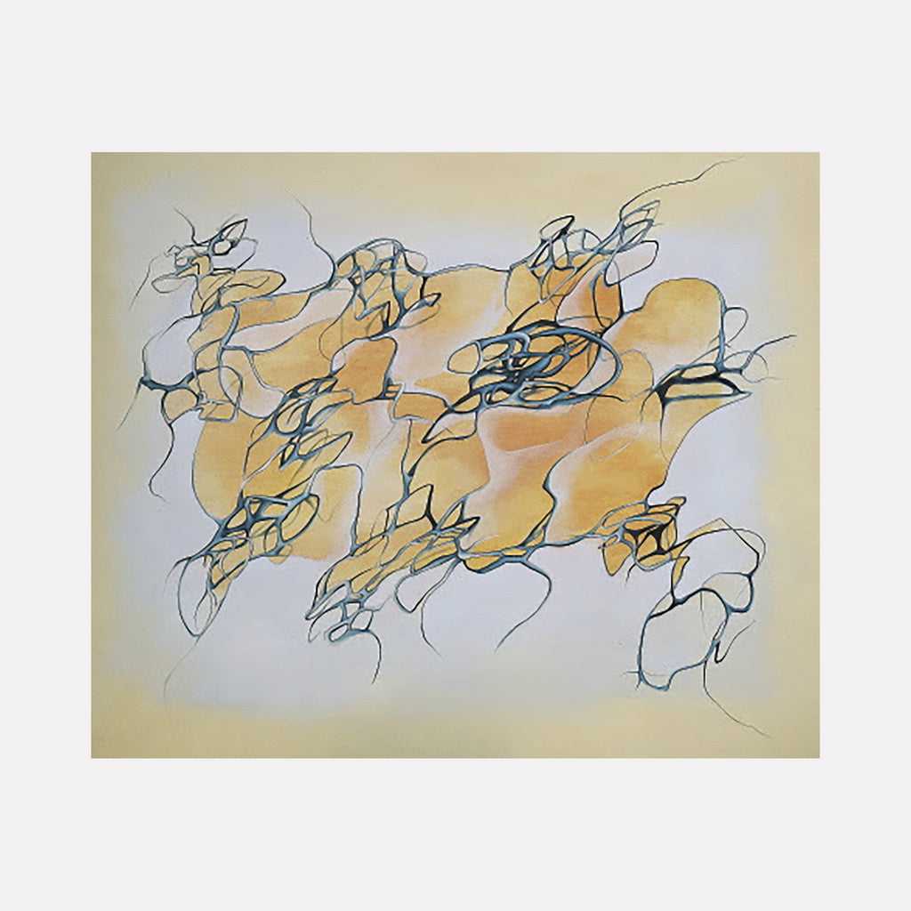 The artwork 'Raspberry Light' by Megan Olson features flowing abstract lines in navy blue interweaving through warm golden-yellow patches against a soft cream background. The fluid, gestural brushstrokes create a dynamic composition suggesting natural movement and organic forms, rendered in oil on linen with dimensions of 60 x 72 inches. By Megan Olson.