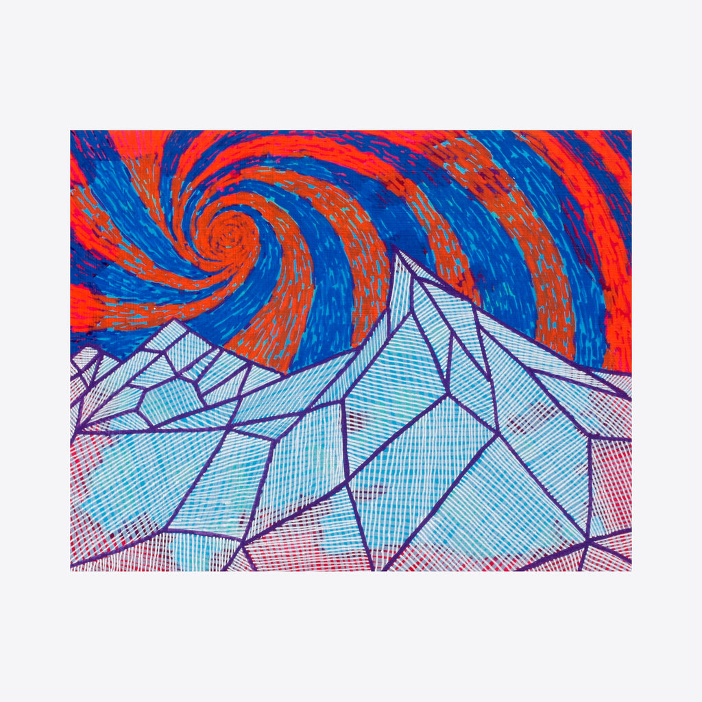The artwork 'Red and blue mountain' by Aaron Hillebrand features a geometric mountain landscape rendered in angular, crystalline shapes with crosshatched textures in light blue and purple. Above, a dramatic swirling sky pattern alternates between vibrant red and deep blue, creating a mesmerizing spiral effect. Acrylic on wood panel, 11x14 inches.