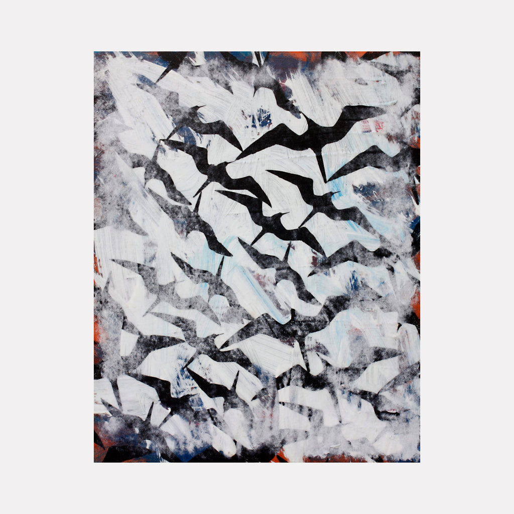 Red Blue and White Frigates by Aaron Hillebrand features dynamic abstract patterns with jagged black lines cutting through white textured spaces. Subtle touches of blue and red accent the composition, creating depth and movement across the mixed media wood panel. The contrasting elements suggest floating or flying forms reminiscent of naval vessels.