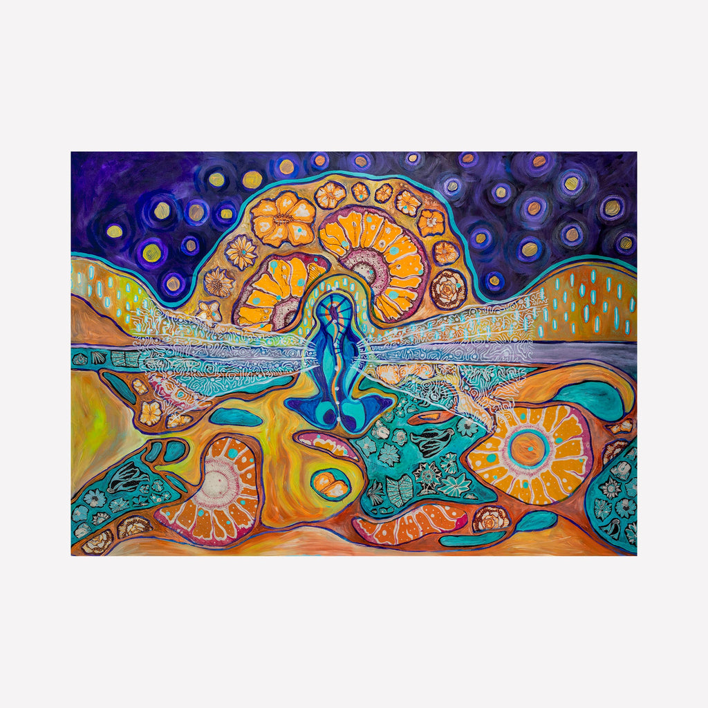 The artwork 'Release' features a vibrant psychedelic landscape with a central figure in turquoise surrounded by circular organic patterns. Deep purple starry sky meets orange and yellow sunburst motifs, flowing into turquoise pools and coral-like formations. Screen printed details and hand-sewn elements create rich textures on muslin. By Laurie Shapiro.