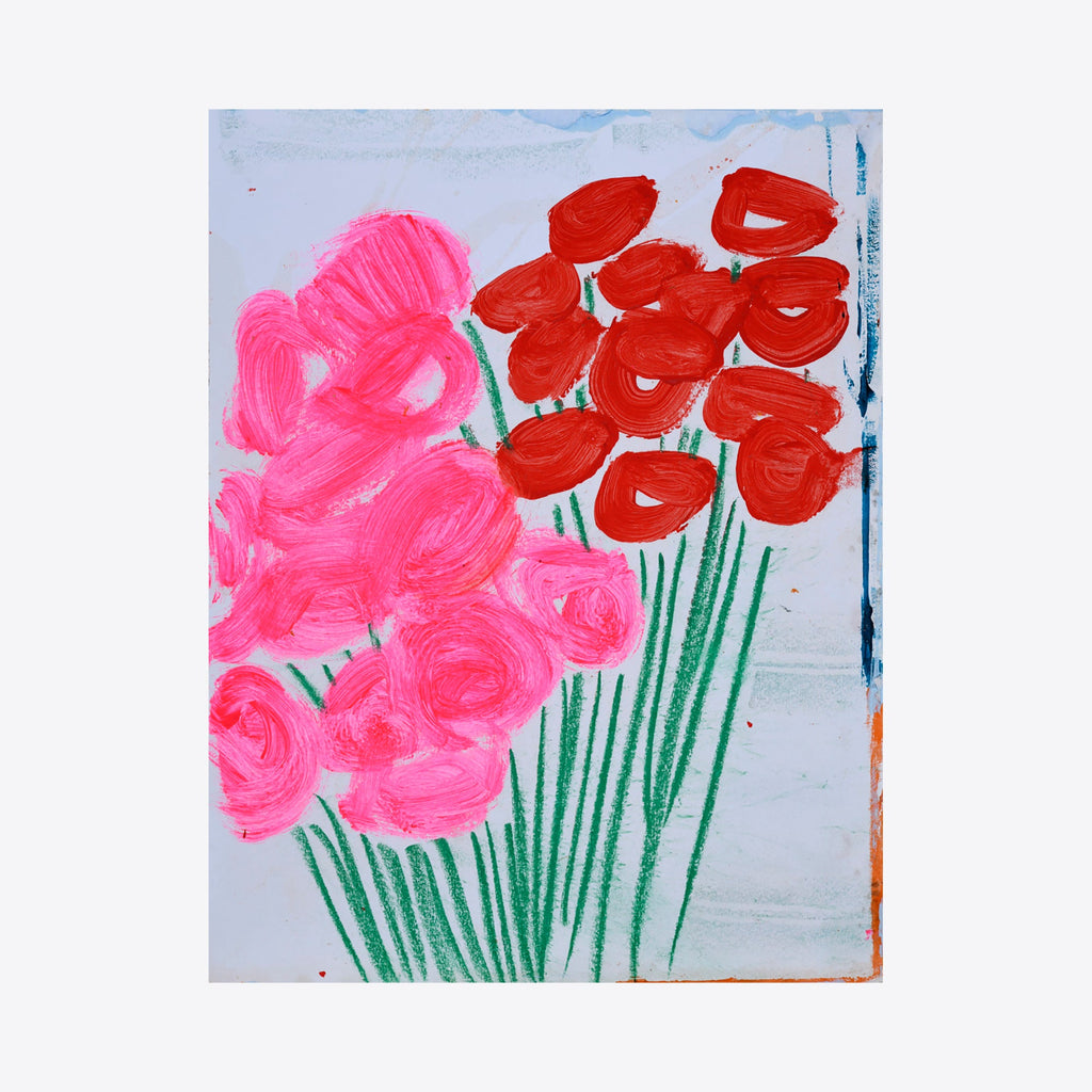 The artwork 'roses are red and pink and, no.1' by Taylor Binda features vibrant pink and red roses rendered in loose, expressive brushstrokes with acrylic paint and chalk on sketchbook paper. Green stems rise vertically against a light blue background, creating a modern, abstract floral composition. 10x8 inches artwork by Taylor Binda.