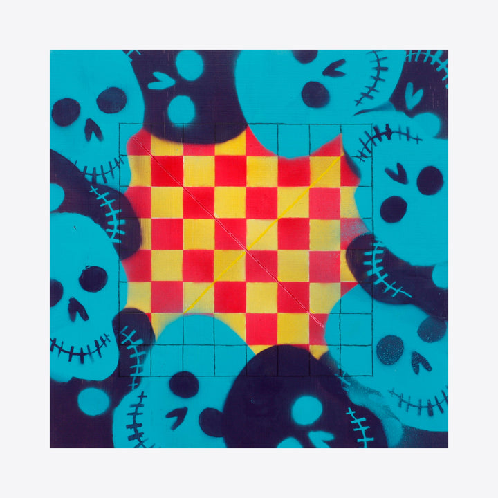 The artwork 'Skull Chess Board' by Aaron Hillebrand features a vibrant checkerboard pattern in red and yellow at the center, surrounded by stylized turquoise skull motifs on a deep navy background. The skulls have stitched expressions and circular details, creating a playful yet edgy contrast to the geometric center. Acrylic and graphite on wood panel. By Aaron Hillebrand.