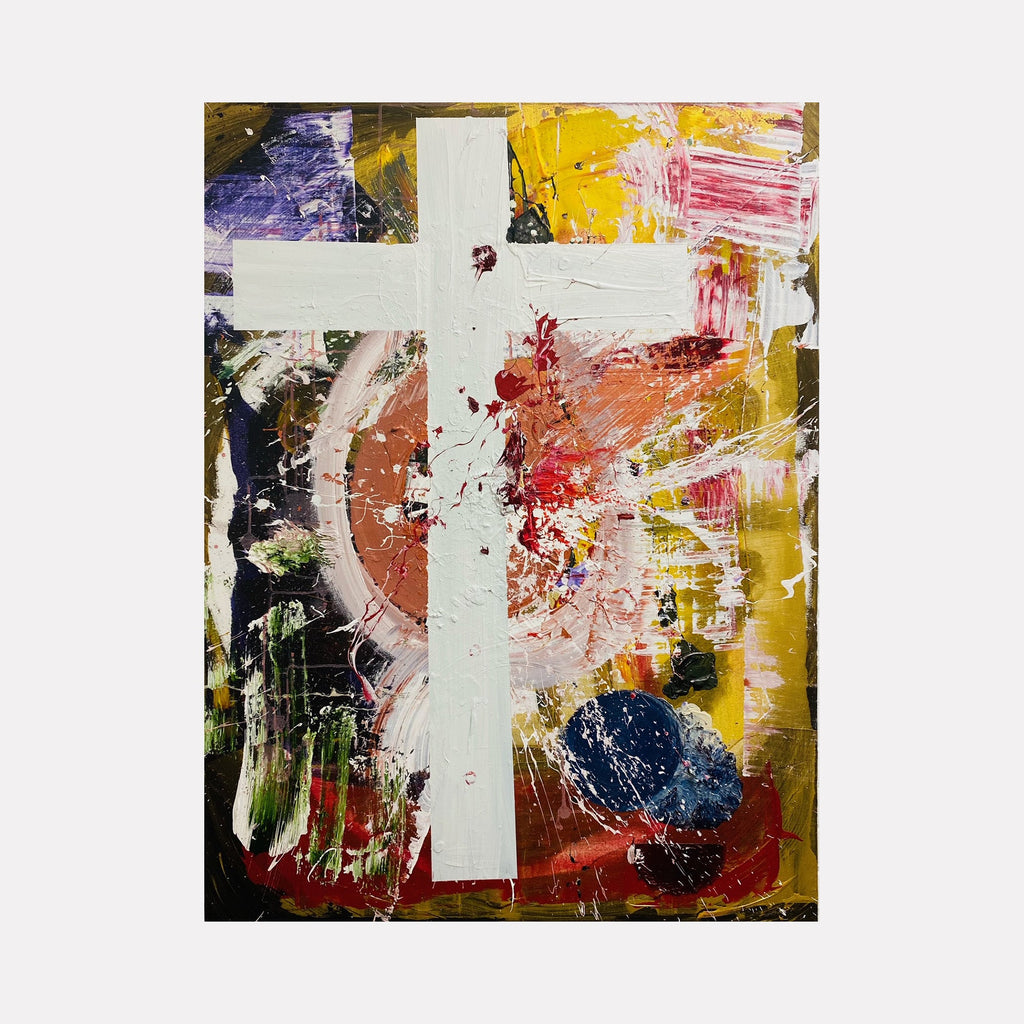 The artwork 'Sunset Cross' by Dom Hiddo features a bold white cross against a vibrant abstract background of yellow, red, and navy blue. Expressive brushstrokes in acrylic and oil create dynamic textures, with splashes of purple and green adding depth. The 48x36 inch canvas showcases contemporary religious art with an expressionist style. By Dom Hiddo.