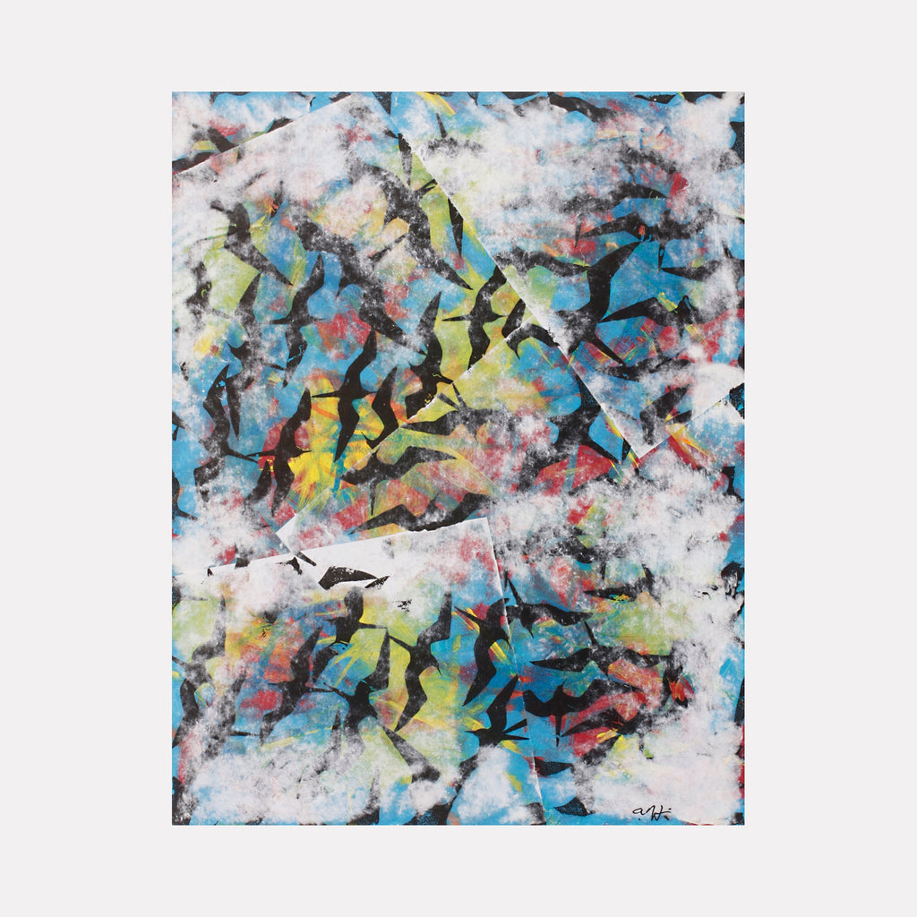 The artwork 'Superman Frigate' by Aaron Hillebrand features an abstract composition with dynamic swirls of vibrant turquoise blue and yellow fragments dispersed across a textured white background. Black gestural marks create movement throughout the acrylic painting, while subtle coral accents add depth. The 14x11 inch piece displays an energetic, expressionist style with layered brushstrokes.