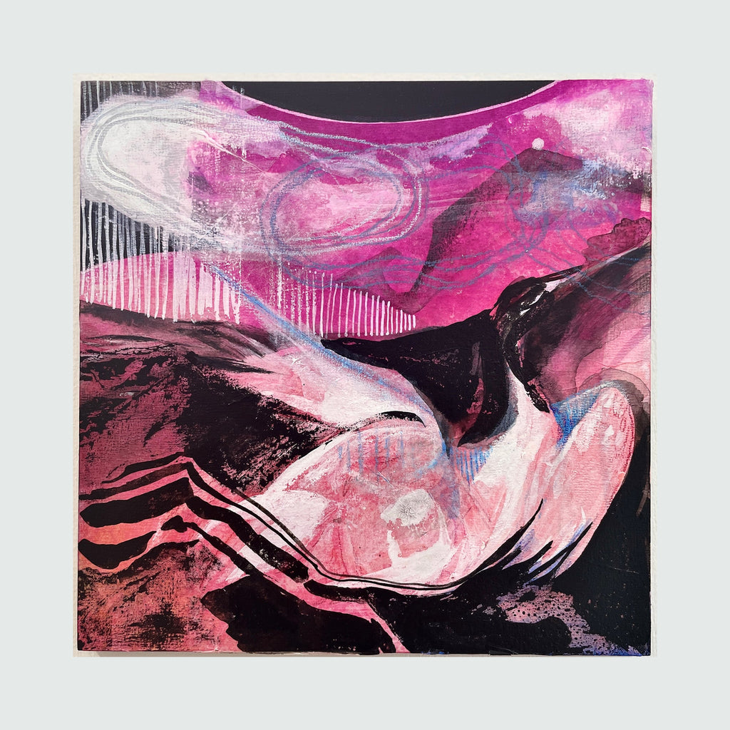The artwork 'Swan Summer' by Jane Lawrence features an abstract composition in ink and gouache on panel. Fluid strokes of magenta and pink swirl against deep black shadows, creating a dynamic movement reminiscent of a swan in motion. Delicate vertical lines cascade across the top, while curved forms in white and rose tones emerge from the dark background, capturing ethereal grace and fluidity.