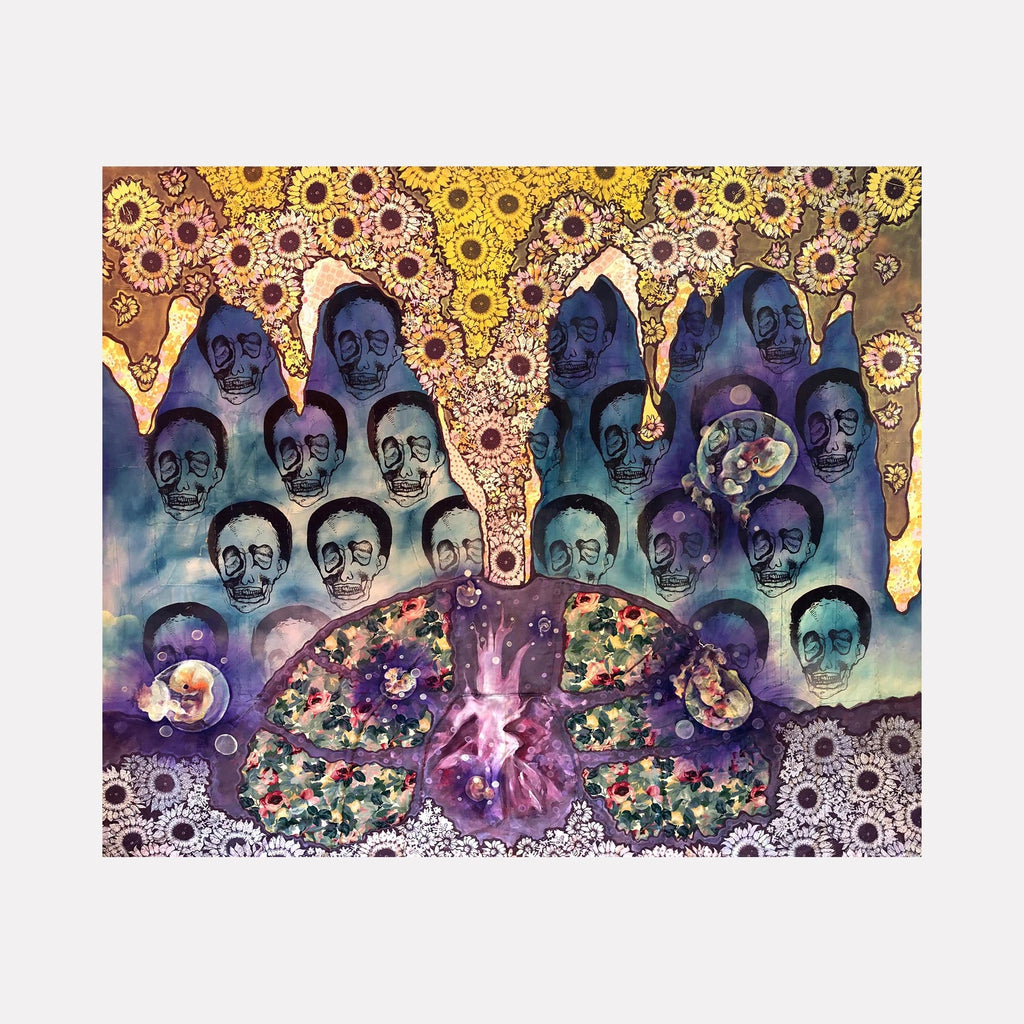 The artwork 'Sweatlodge' features a surreal arrangement of repeated abstract faces in deep blue and purple hues, positioned beneath a golden arch adorned with sunflower-like patterns. A vibrant centerpiece displays intricate floral designs in purple, pink, and green, creating a dreamlike psychedelic composition. Hand-sewn details and screen printing techniques add textural depth to the muslin canvas. By Laurie Shapiro.