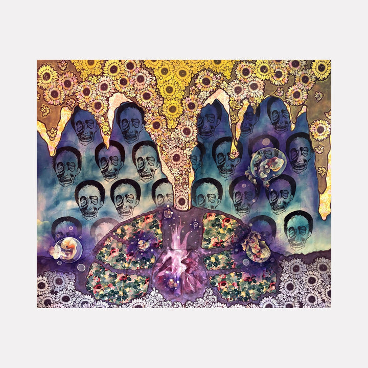 The artwork 'Sweatlodge' features a surreal arrangement of repeated abstract faces in deep blue and purple hues, positioned beneath a golden arch adorned with sunflower-like patterns. A vibrant centerpiece displays intricate floral designs in purple, pink, and green, creating a dreamlike psychedelic composition. Hand-sewn details and screen printing techniques add textural depth to the muslin canvas. By Laurie Shapiro.