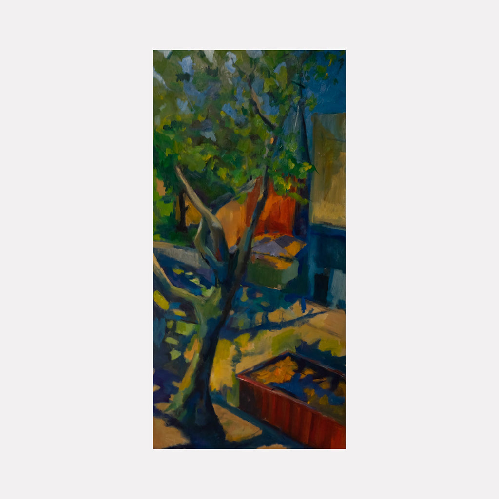 The artwork 'Sycamore' by Darren Singer depicts a vibrant garden scene with a majestic tree casting dappled shadows. Deep blues and rich greens dominate the composition, with touches of warm orange and golden sunlight. The oil painting on birch wood captures a peaceful outdoor space with angular geometric shapes and expressive brushstrokes in an impressionistic style.
