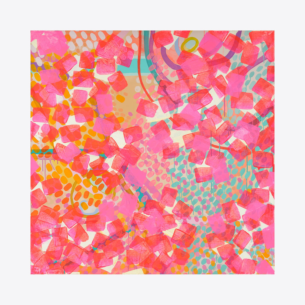 The artwork 'The Complicated One (Neon Rose)' by Taylor Binda features a vibrant abstract composition of scattered geometric shapes in bright pink and coral tones, accented with turquoise details. The 48x48 inch acrylic painting displays a dynamic pattern of floating squares and irregular forms, creating a kaleidoscopic effect against a warm gradient background.