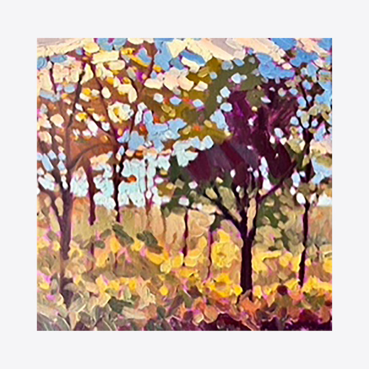 The artwork 'The Forest's Edge' by Elody Gyekis features an impressionistic landscape with dark tree silhouettes against a luminous sky. Dappled sunlight creates white and golden highlights through branches, while purple and deep burgundy shadows add depth. The foreground shows vibrant yellow and orange autumn foliage painted in loose, textural brushstrokes on 10x10 inch oil canvas.