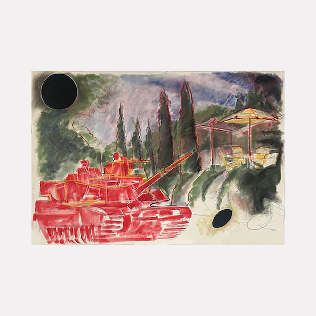 The artwork 'The Red Tank' by Lauder Bowden features a vibrant watercolor depicting a bright red military tank against a pastoral landscape with towering cypress trees. The scene includes a yellow-roofed structure in the background, set against moody green foliage and misty purple skies, rendered in loose, expressive pastel strokes on stonehinge paper.