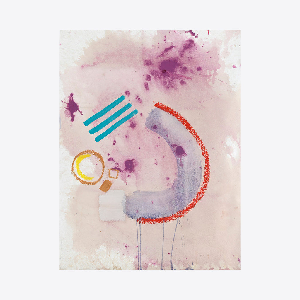 The artwork 'The Twins, No.2' by Taylor Binda features abstract geometric shapes on a soft beige background. Vibrant turquoise parallel lines contrast with a curved coral stroke, while magenta splatters create organic texture. A golden circular form with square accents adds warmth to this mixed media piece combining acrylic, coffee, and oil pastel on watercolor paper.