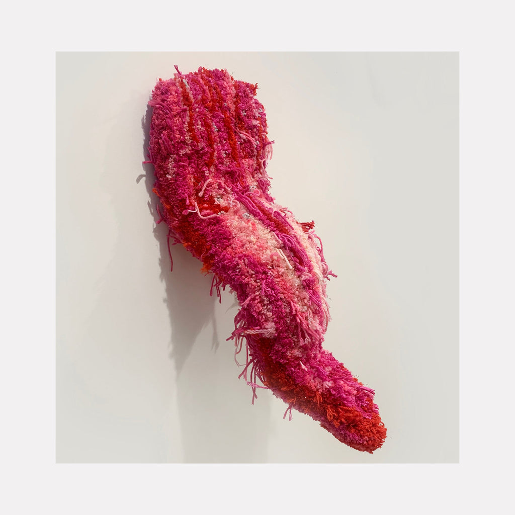 A photo of the artwork weapon, by Ana Maria Farina, hanging on a wall.