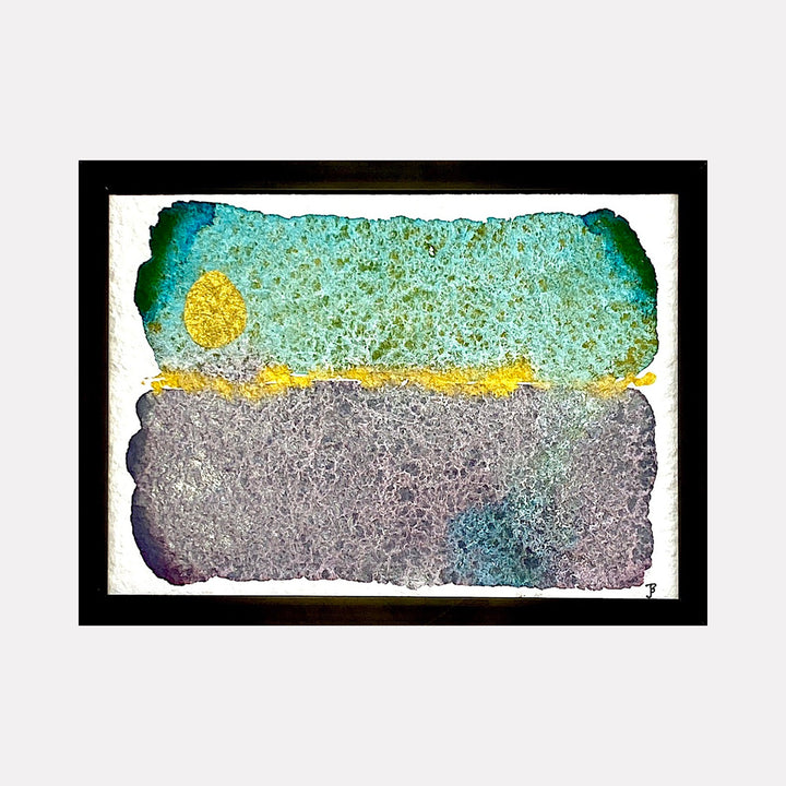 Artwork 'Mood: Anticipation' by Jocelyn Benford features an abstract watercolor composition with a vibrant turquoise upper section meeting a textured gray lower portion. A golden yellow circular form and horizontal streak create a horizon-like effect, suggesting a sunrise or dawn. Mixed media techniques create rich textural elements across the 5x7 inch paper surface.