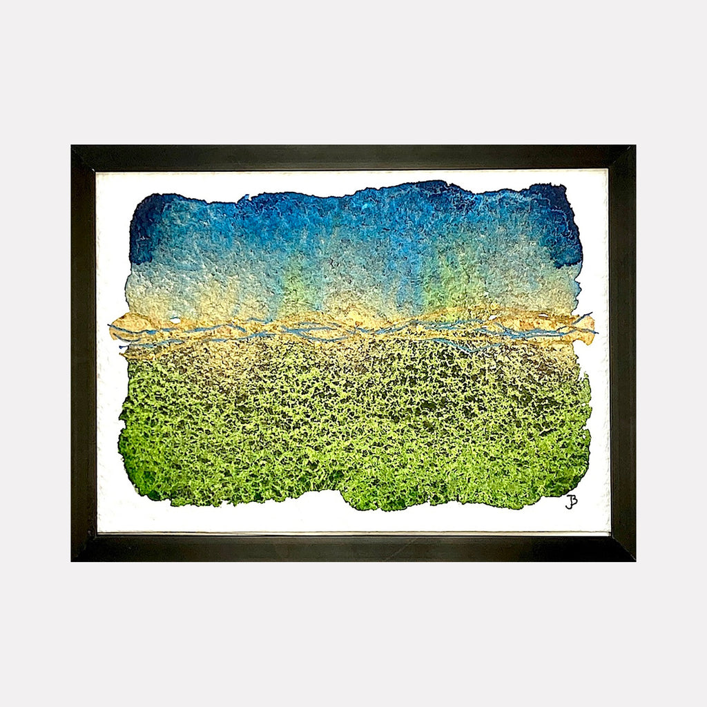 The artwork 'Mood: Arising' by Jocelyn Benford features a tranquil landscape rendered in watercolor and mixed media. A rich turquoise sky transitions into a golden horizon line, settling into a textured meadow of vibrant spring greens. The piece showcases a deckled, organic edge, framed in black, capturing the ethereal quality of dawn breaking over a pastoral scene.