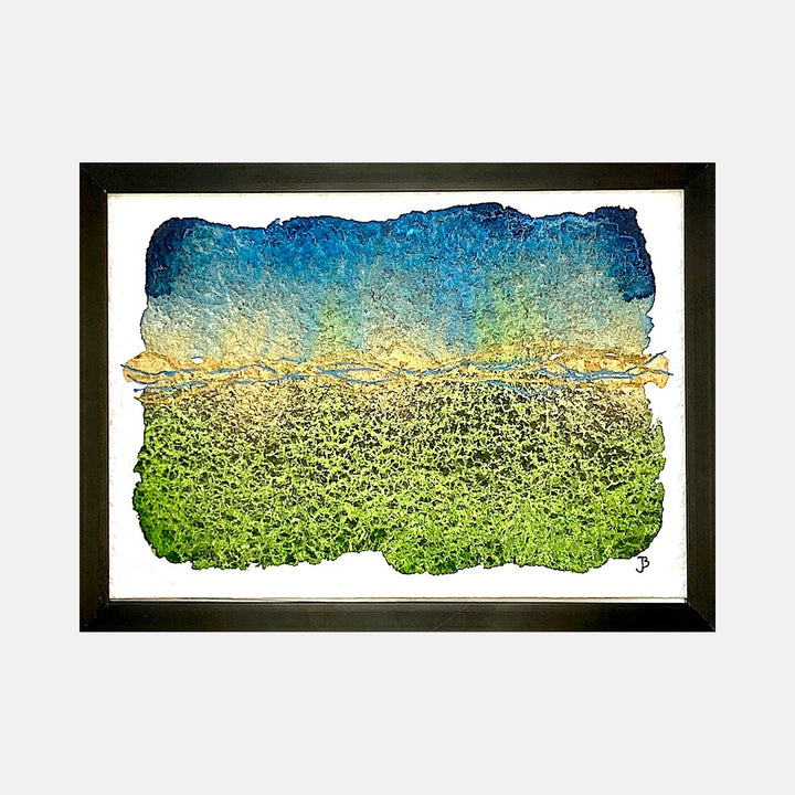The artwork 'Mood: Arising' by Jocelyn Benford features a tranquil landscape rendered in watercolor and mixed media. A rich turquoise sky transitions into a golden horizon line, settling into a textured meadow of vibrant spring greens. The piece showcases a deckled, organic edge, framed in black, capturing the ethereal quality of dawn breaking over a pastoral scene.