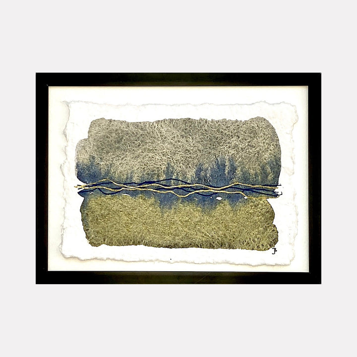 The artwork 'Mood: At Peace' by Jocelyn Benford features abstract watercolor layers in olive green and pewter gray, separated by a dramatic horizontal band of deep navy blue with flowing gold linear accents. The composition's deckled edges and mixed media technique create a serene, horizon-like effect on textured paper.
