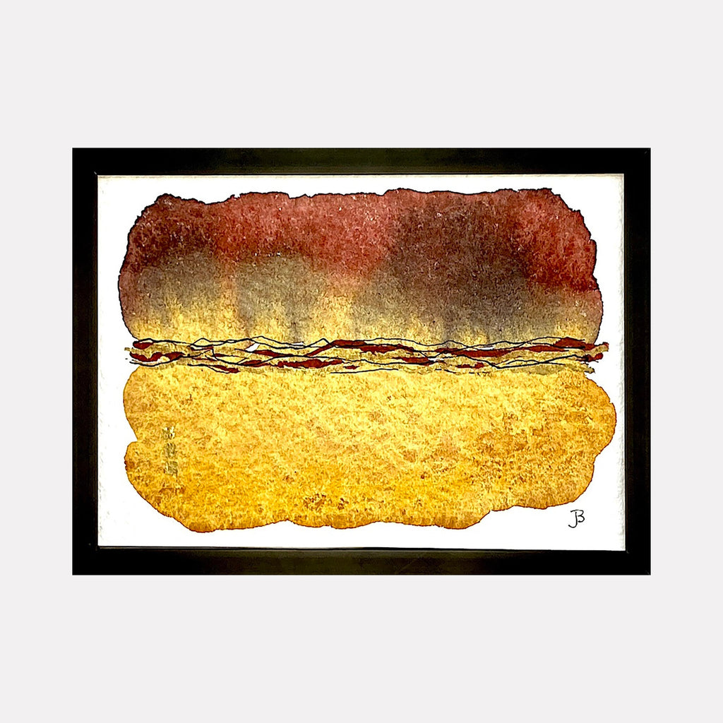 The artwork 'Mood: Certainty' by Jocelyn Benford features abstract watercolor composition with bold horizontal bands of deep rustic red and golden yellow, separated by a textured wavy line. The painting showcases a gradient effect from dark to light, with rough, organic edges creating a natural, torn paper appearance in a 5x7 inch format.