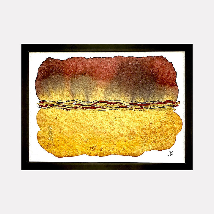 The artwork 'Mood: Certainty' by Jocelyn Benford features abstract watercolor composition with bold horizontal bands of deep rustic red and golden yellow, separated by a textured wavy line. The painting showcases a gradient effect from dark to light, with rough, organic edges creating a natural, torn paper appearance in a 5x7 inch format.