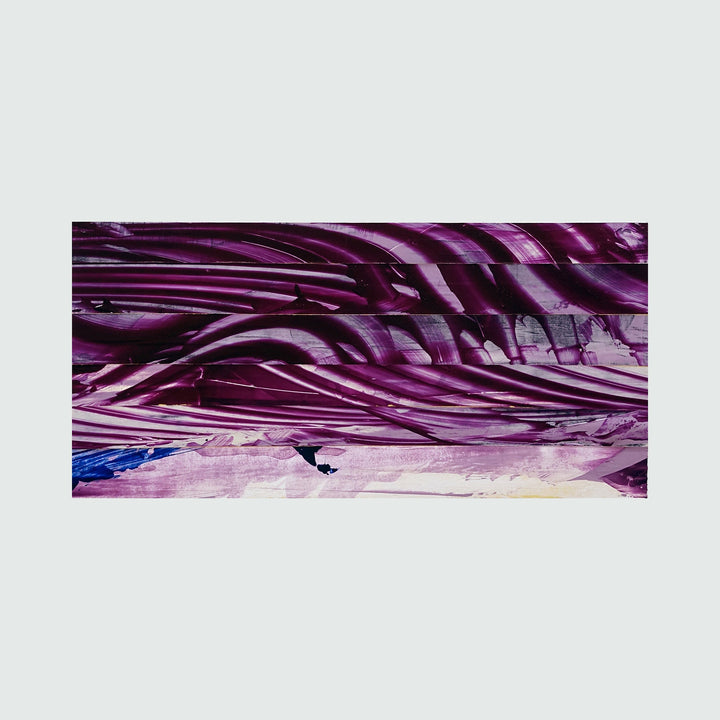 The artwork 'Collage 12' by John Cox features dynamic streaks of deep purple and magenta creating a sweeping motion across the composition, layered over pale pink and white undertones. Created with acrylic and painter's tape on Bristol, the abstract piece showcases bold brushstrokes and textural elements with a small accent of royal blue at the bottom.