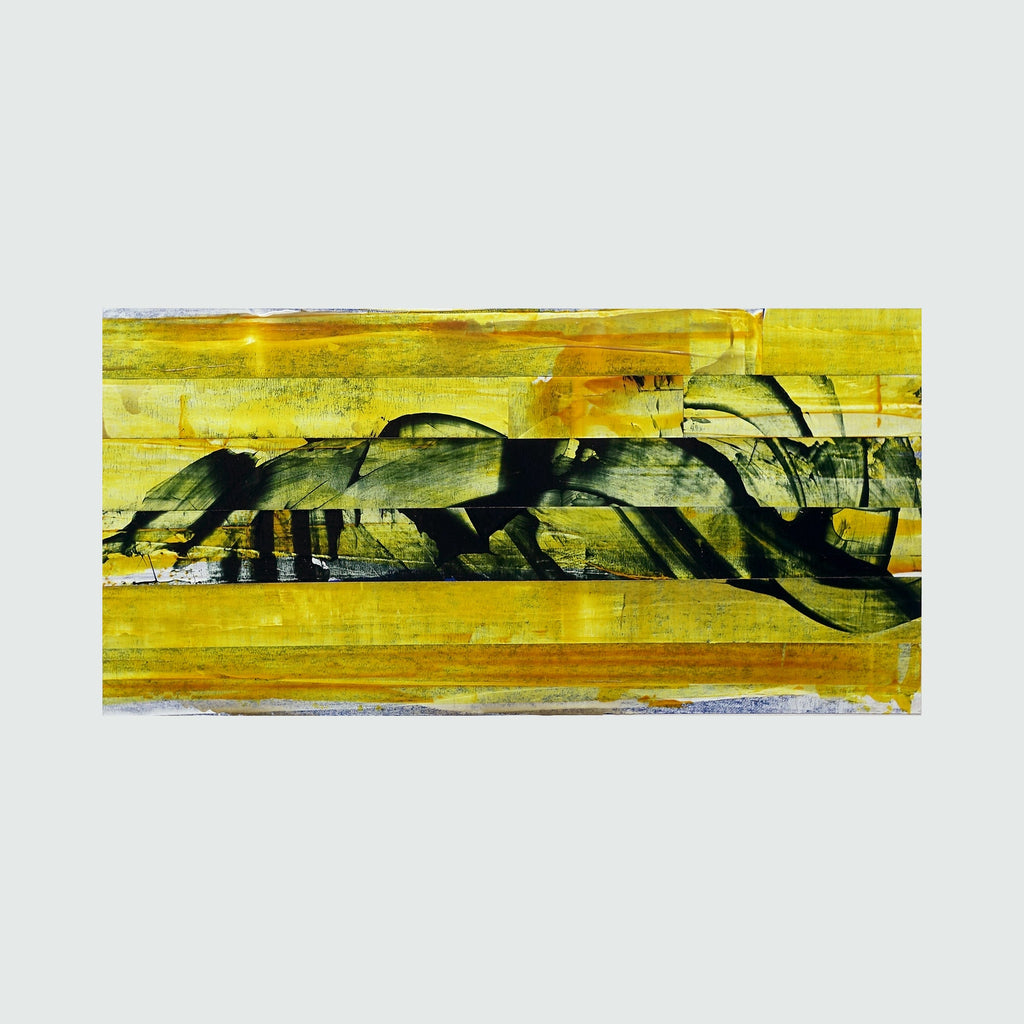 The artwork 'Collage 13' by John Cox features bold geometric abstractions in acrylic paint, with dynamic black brushstrokes creating wave-like patterns against a vibrant yellow background. Contrasting layers of paint and painter's tape technique create depth and movement across the horizontal composition, showcasing a modern abstract expressionist style on Bristol paper