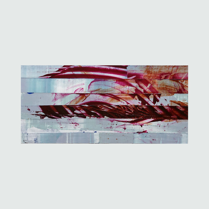 The artwork 'Collage 15' by John Cox features dynamic brushstrokes in deep crimson and burgundy tones sweeping across a pale blue-gray background. Abstract patterns created with painter's tape reveal sharp geometric edges, while acrylic paint creates fluid, energetic movement suggesting motion and depth on Bristol paper. Unframed contemporary piece measuring 14x17 inches.