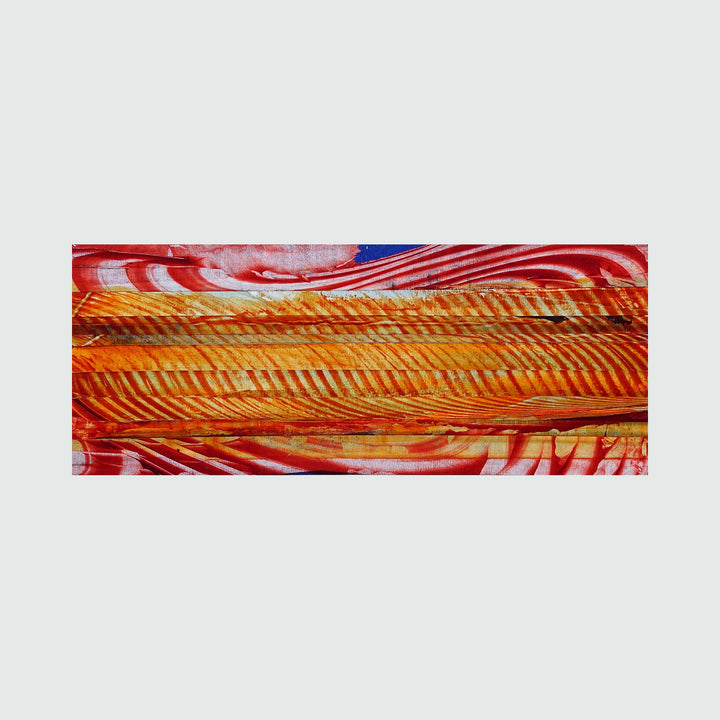 The artwork 'Collage 17' by John Cox features dynamic diagonal striping patterns created with painter's tape and acrylic paint. Bold red waves frame a central golden-orange band with repeated parallel lines, creating a striking geometric composition. The textured effect on Bristol paper suggests movement and depth through contrasting warm colors and precise linear elements.