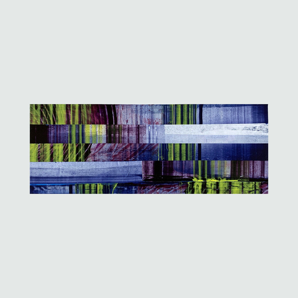 The artwork 'Collage 21' by John Cox features overlapping horizontal bands in vibrant greens, purples, and blues, creating a glitch-like effect. Abstract geometric patterns blend with textural elements, achieved through acrylic paint and painter's tape on Bristol paper. The composition suggests digital distortion while maintaining organic fluidity.