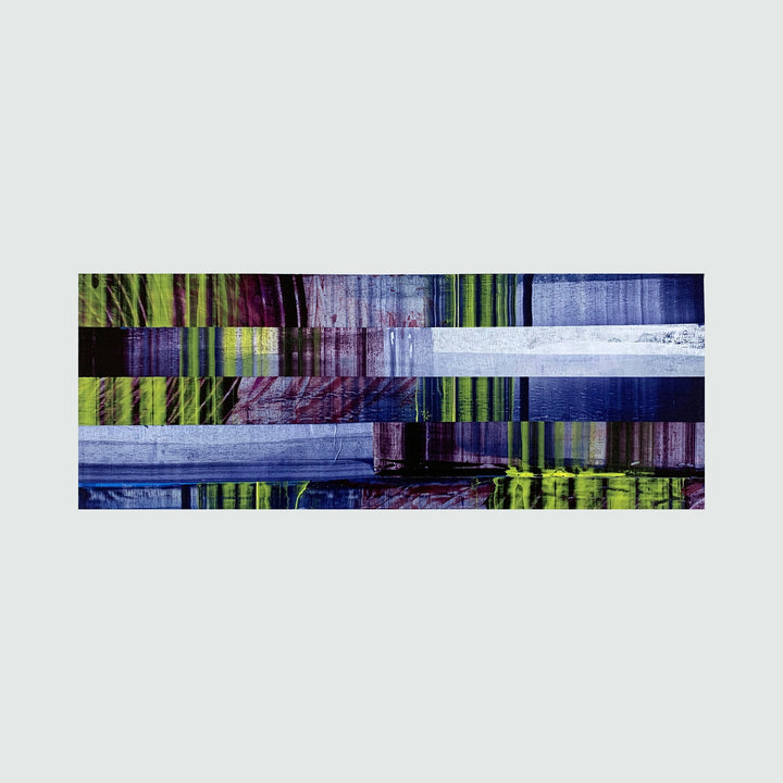 The artwork 'Collage 21' by John Cox features overlapping horizontal bands in vibrant greens, purples, and blues, creating a glitch-like effect. Abstract geometric patterns blend with textural elements, achieved through acrylic paint and painter's tape on Bristol paper. The composition suggests digital distortion while maintaining organic fluidity.