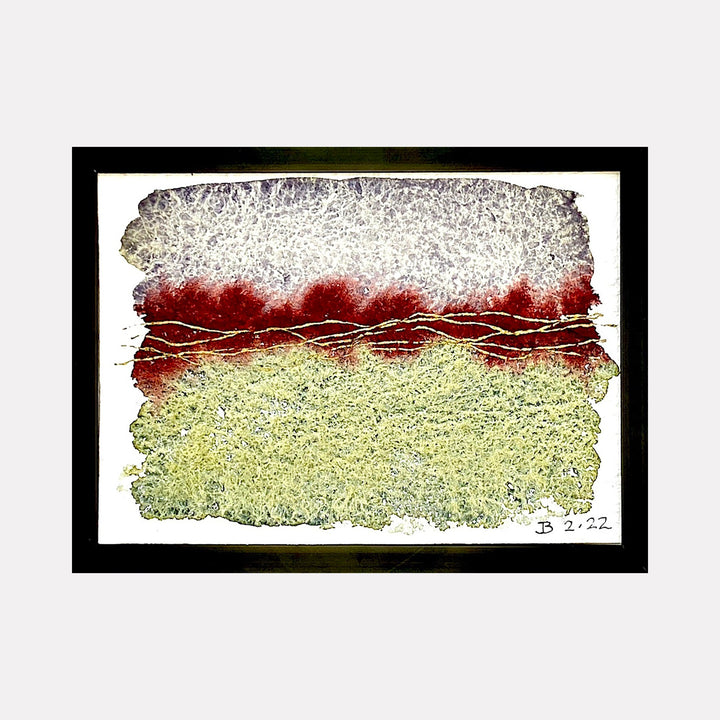 The artwork 'Mood: Discovery' by Jocelyn Benford features abstract horizontal bands of textured watercolor, with a speckled white upper section, a rich crimson middle band accented with flowing metallic lines, and a textured chartreuse bottom section. The mixed media technique creates a layered, organic effect within the 5x7 inch composition.