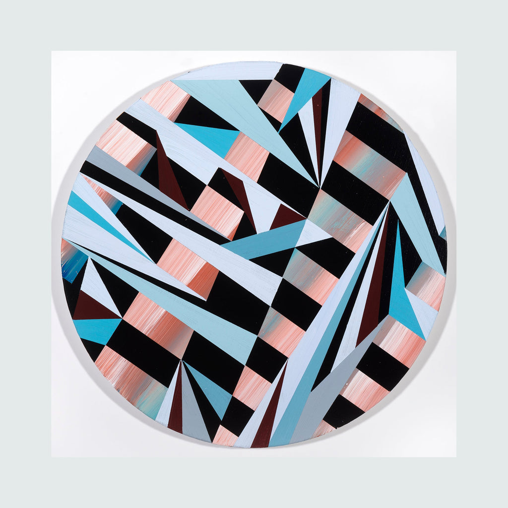 The artwork 'During The Night' by Elyce Abrams features a dynamic geometric composition on a round wood panel. Bold black triangles intersect with soft pink brushstrokes and turquoise angular shapes, creating a modern abstract pattern. White negative spaces add depth and contrast to the 12-inch diameter acrylic painting, showcasing a sophisticated interplay of hard edges and textural elements.