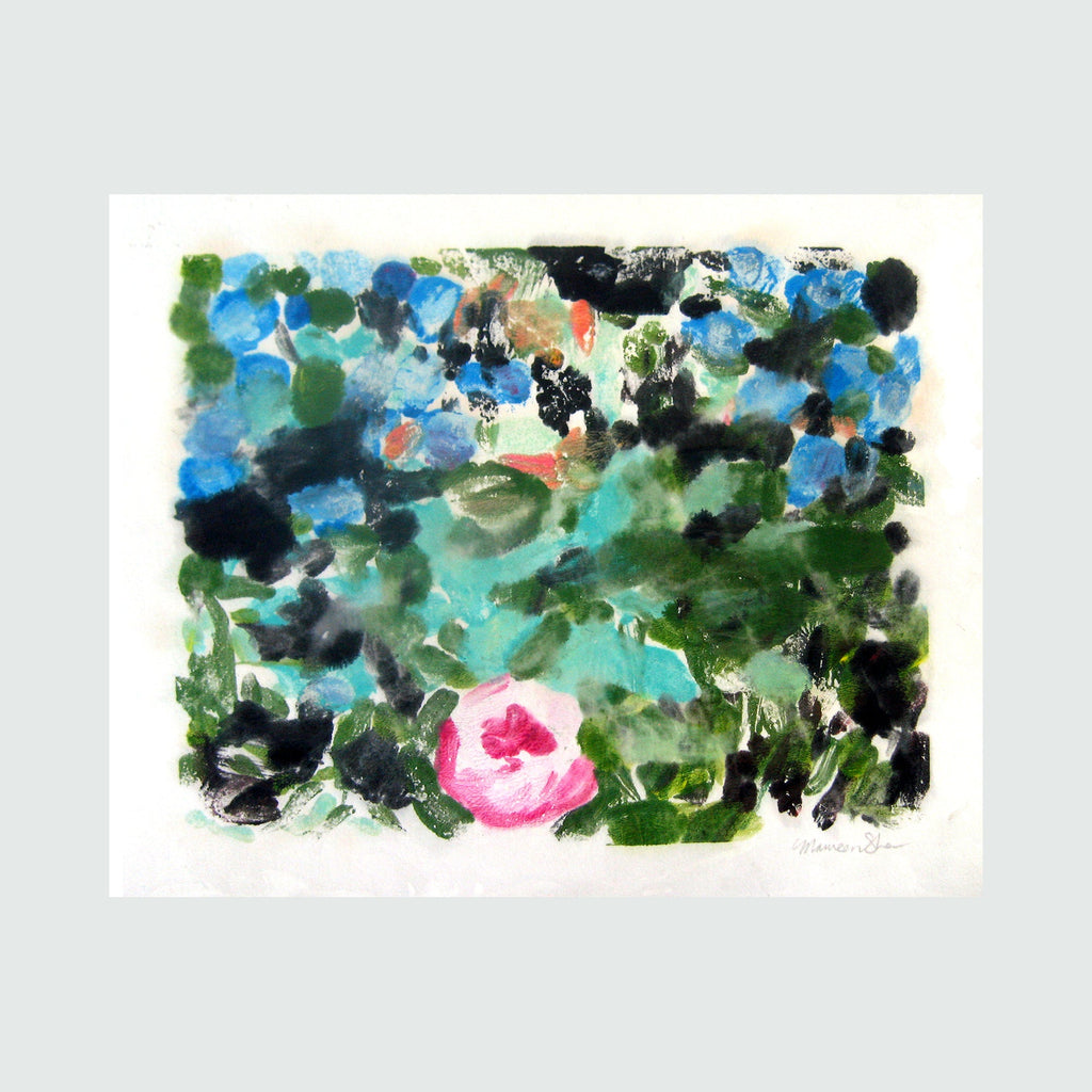 The artwork 'Evening-1' by Maureen Shea features an abstract garden scene with vibrant blue and green watercolor-like splotches creating a dreamy atmosphere. A single pink flower stands out against the lush green foliage and turquoise background, rendered in expressive monotype printing technique on paper, measuring 10x12 inches.