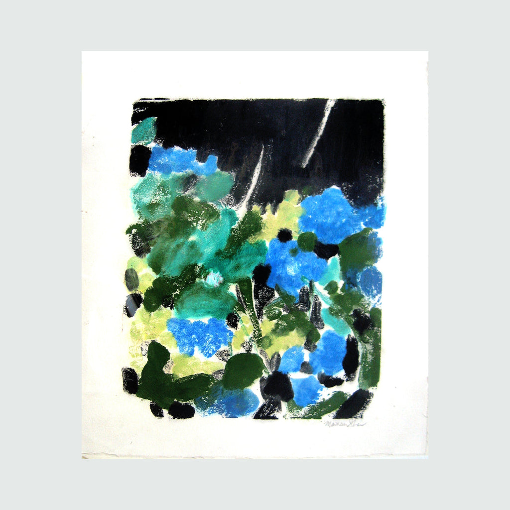 The artwork 'Evening - 2' by Maureen Shea features abstract splashes of vibrant turquoise, azure blue, and lime green watercolors against a stark black background. The monotype print on paper creates a dynamic composition reminiscent of a garden at dusk, with fluid shapes merging and flowing into each other in an expressionistic style.