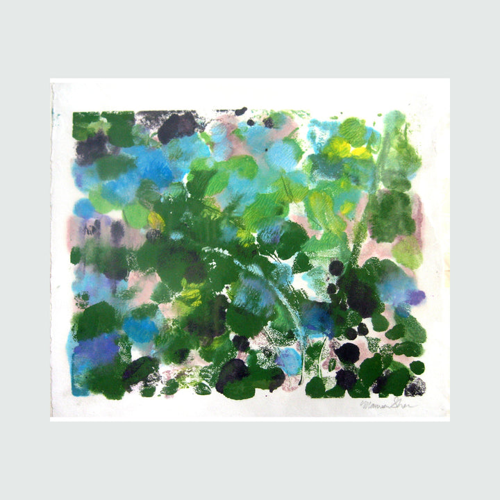 The artwork 'Evening - 3' features vibrant abstract expressionist splashes in emerald green and azure blue, creating a lush forest-like atmosphere. Organic shapes blend and overlap, with subtle pink undertones and deep navy accents, rendered through monotype printing technique on paper. Original artwork by Maureen Shea.