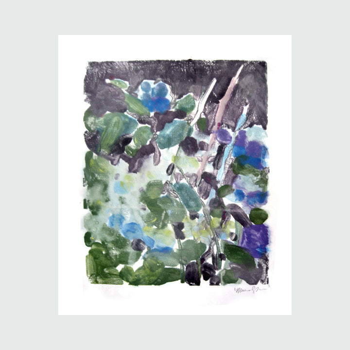 The artwork 'Evening - 4' by Maureen Shea features an abstract monotype composition with delicate blue flowers emerging from green foliage against a dark background. The watercolor-like effects create a dreamy, impressionistic garden scene with splashes of purple and turquoise blending into shadowy areas, rendered through expressive brushstrokes on paper. By Maureen Shea.