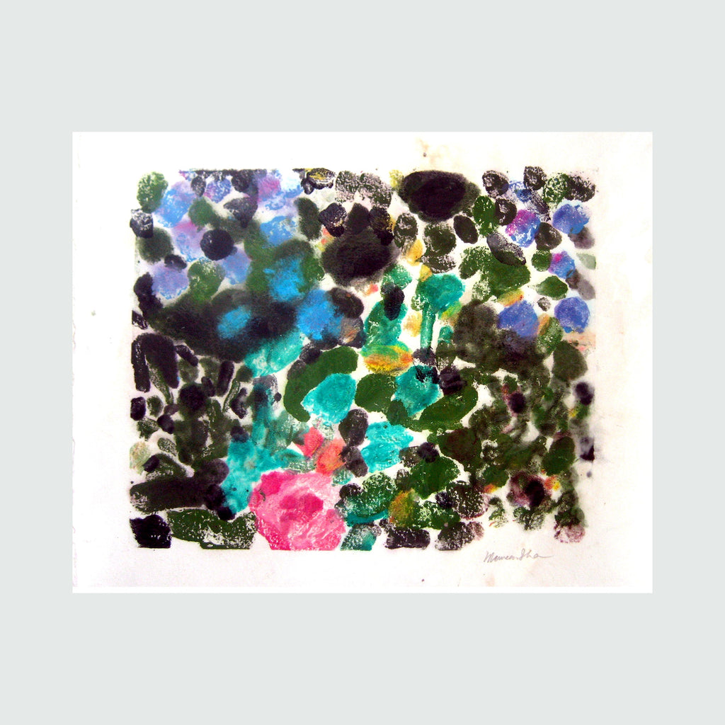 The artwork 'Evening - 5' by Maureen Shea features an abstract monotype print with vibrant splashes of turquoise, pink, and deep blue hues against dark organic shapes. The composition creates a dynamic interplay of colors suggesting a garden or underwater scene through spontaneous ink impressions on paper. 11x12.5 inches monotype by Maureen Shea.