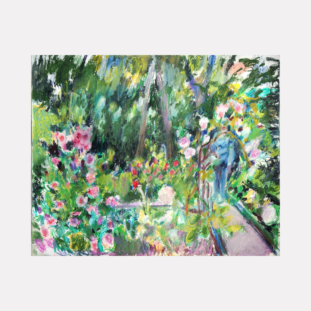 The artwork 'Gardner' by Maureen Shea features a vibrant garden scene with lush greenery and blooming pink roses. Impressionistic brushstrokes capture dappled sunlight through trees, creating a dynamic interplay of greens, blues, and soft pinks. The oil painting on linen conveys a serene garden path with flowering bushes and natural foliage.
