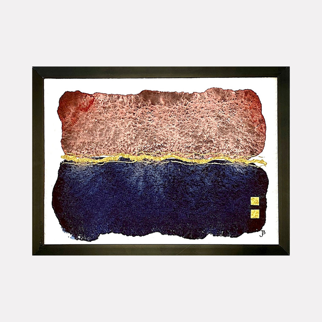 The artwork 'Mood: Holding Strong' by Jocelyn Benford features abstract watercolor blocks in rich burgundy and deep navy blue, separated by a textured golden horizon line. The composition showcases a rough, organic edge treatment with a contrasting minimalist style. Two small yellow squares accent the lower right corner, creating visual balance in this mixed media piece.