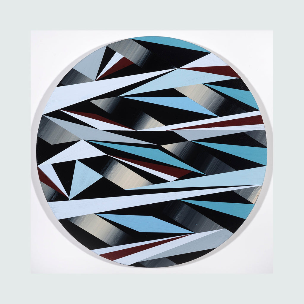 The artwork 'Hoping' by Elyce Abrams features dynamic geometric patterns on a round wood panel. Sharp triangular shapes in black, light blue, burgundy, and white create a striking angular composition. The abstract design suggests movement through intersecting diagonal lines and color blocking, painted in acrylic with a precise, modern aesthetic.