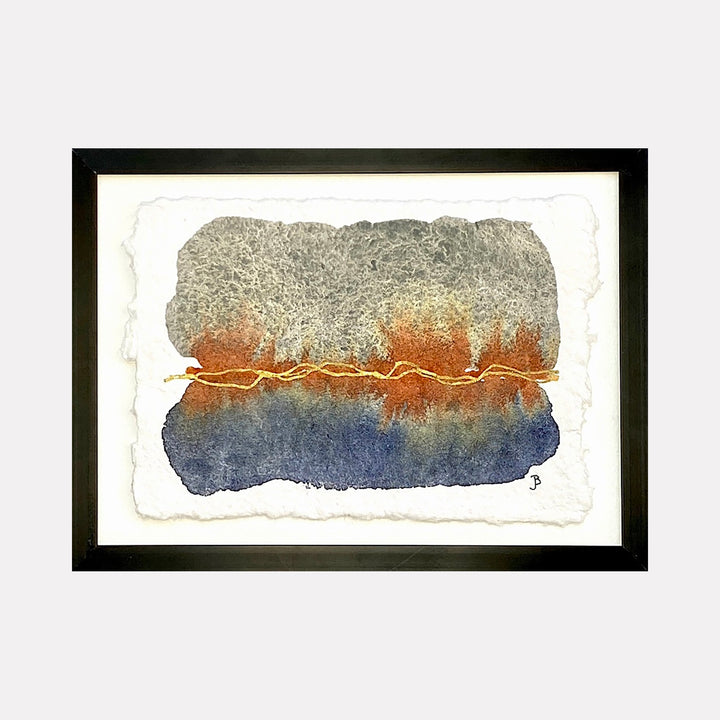 The artwork 'Mood: Ignited' by Jocelyn Benford features abstract watercolor bands with deckled edges, showcasing a moody blend of silvery grey transitioning to burnt orange and deep navy blue, separated by a delicate golden line creating a horizon effect. The textured paper adds depth to this 5x7 mixed media composition. By Jocelyn Benford.