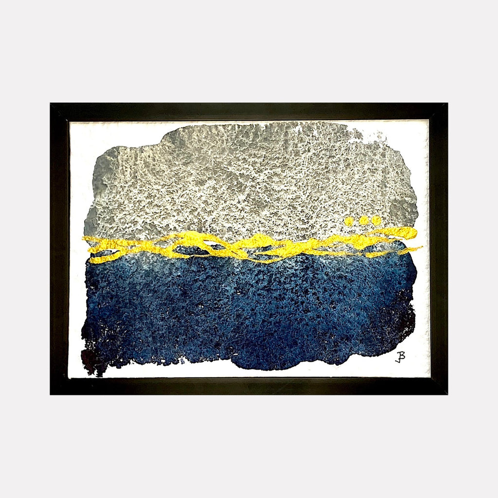 The artwork 'Mood: Inner Strength' by Jocelyn Benford features an abstract composition with textured layers of deep navy blue and weathered gray, separated by a striking yellow lightning-like streak. The watercolor and mixed media piece creates a dynamic contrast between rough, granular textures and smooth color transitions in a 5x7 inch format.