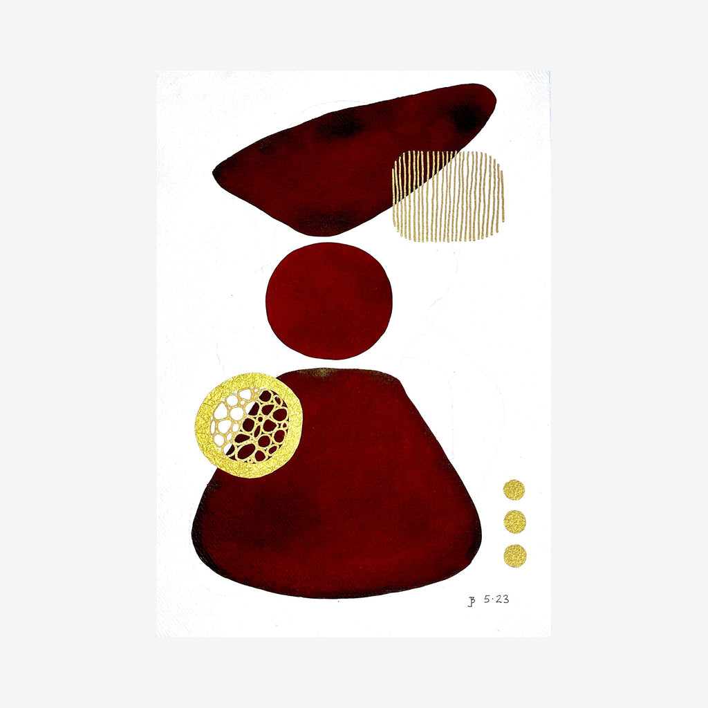 The artwork 'Majestic Balance' by Jocelyn Benford features abstract burgundy shapes balanced with golden geometric elements. Deep red organic forms contrast with precise gold linear patterns and circular motifs. Watercolor creates rich, deep tones while mixed media adds textural elements and metallic accents on white paper.