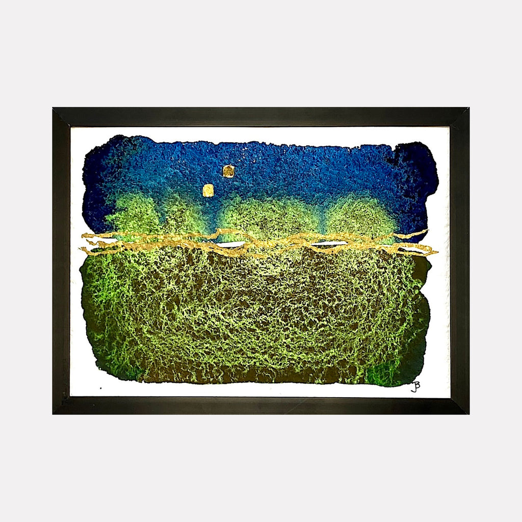 The artwork 'Mood: Many Considerations' by Jocelyn Benford features a textured landscape divided into two distinct sections: a deep blue night sky with small yellow stars, and a densely detailed green earthen terrain. Created in watercolor and mixed media, the 5x7 inch piece showcases organic textures and a rich gradient of natural colors.