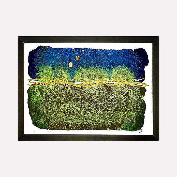 The artwork 'Mood: Many Considerations' by Jocelyn Benford features a textured landscape divided into two distinct sections: a deep blue night sky with small yellow stars, and a densely detailed green earthen terrain. Created in watercolor and mixed media, the 5x7 inch piece showcases organic textures and a rich gradient of natural colors.