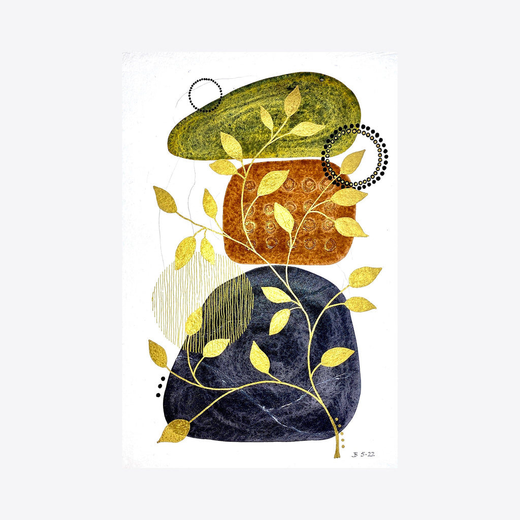 The artwork 'Midas Touch' by Jocelyn Benford features abstract organic shapes in olive green, burnt orange, and navy blue, adorned with delicate golden leaves branching across the composition. Textured watercolor stones are stacked vertically, complemented by minimalist circular patterns and fine line details, creating a modern botanical aesthetic.
