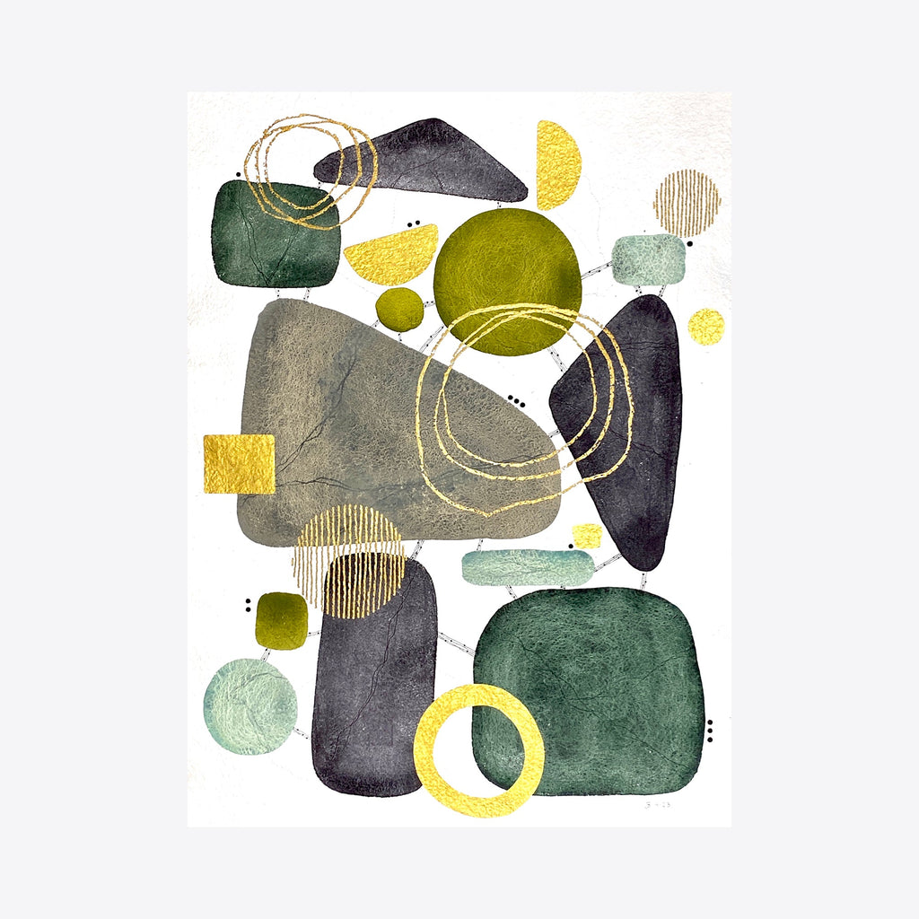 The artwork 'Milestones' by Jocelyn Benford features abstract organic shapes in watercolor and mixed media, combining deep forest greens, charcoal grays, and golden yellow accents. Overlapping circles and textured forms create a modern composition, with delicate line work and varied brushstrokes adding depth and movement. Art by Jocelyn Benford.