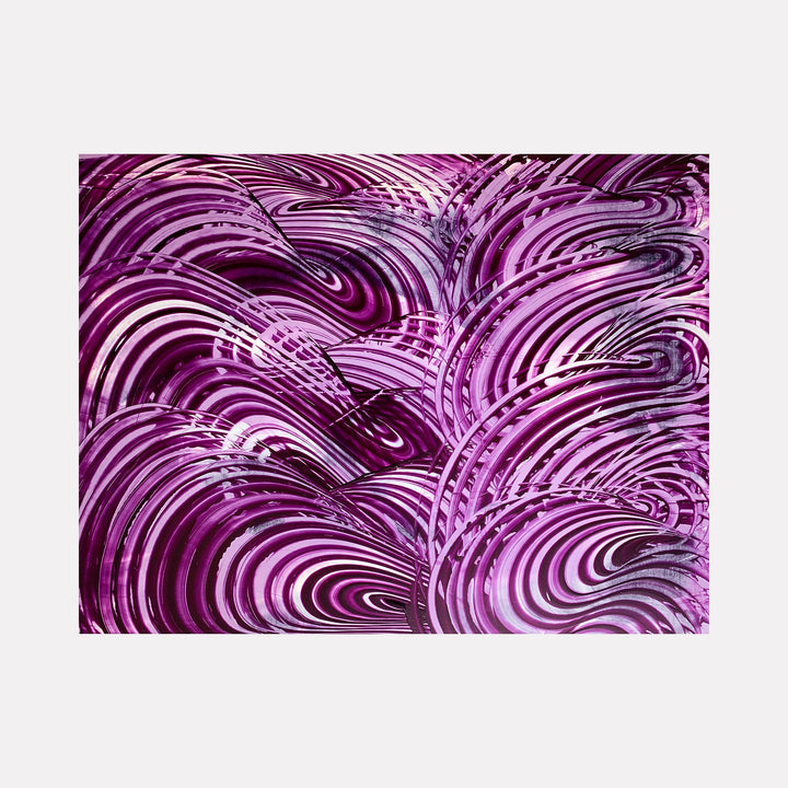 The artwork 'More of the Same Thing' by John Cox features dynamic swirling patterns in vibrant shades of purple and magenta. Abstract curved lines create a mesmerizing wave-like motion across the acrylic canvas, with layered concentric circles forming a rhythmic, flowing composition. The bold brushstrokes and high contrast between light and dark tones add depth and movement to this 32x42 inch contemporary piece.
