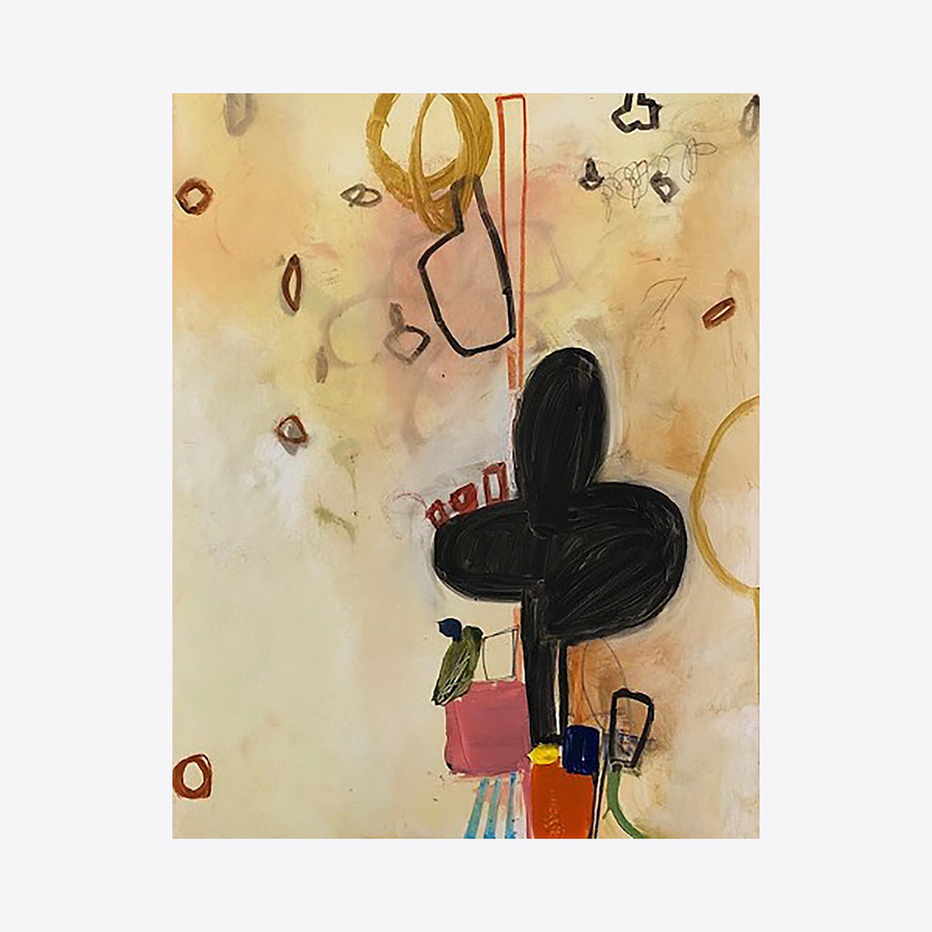 The artwork 'Study No. 5' by Janice La Motta features abstract elements on a warm cream background, including a prominent black organic shape resembling a clover or butterfly, accented with red, orange, and olive green geometric forms. Gestural lines and scattered brown oval shapes create dynamic movement across the mixed media composition in oil, oil pastel, and colored pencil.