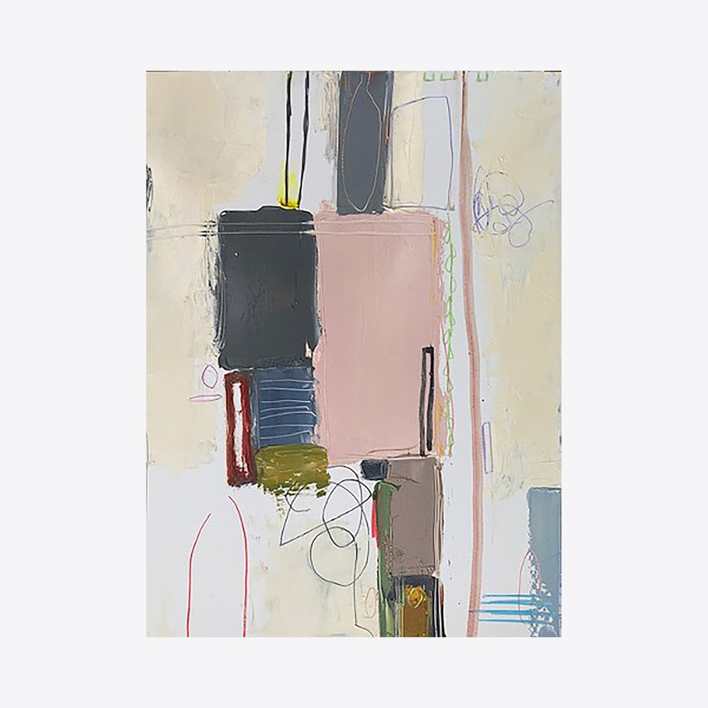 Study No. 69 by Janice La Motta features abstract geometric shapes in a minimalist composition, combining soft pastel pink, charcoal grey, and muted cream tones. Delicate graphite lines intersect with bold oil brushstrokes, creating a layered effect. The artwork showcases vertical rectangular forms balanced with subtle color transitions and gestural marks.