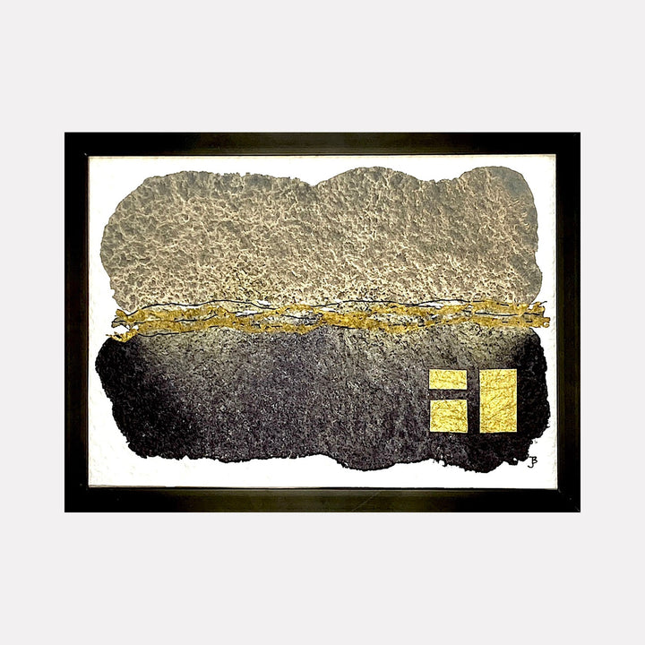 The artwork 'Mood: No Problem!' by Jocelyn Benford features an abstract watercolor composition with contrasting textural elements - a rough, silvery-gray upper section separated by a striking gold leaf horizontal band from a deep black lower portion. Two small golden squares rest in the bottom right corner, creating geometric interest against the organic textures.